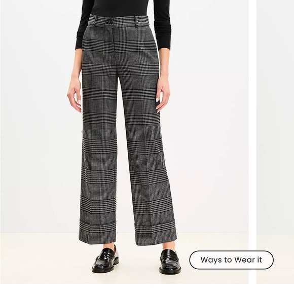Loft Pants Women's Sz 6 Houndstooth Plaid Gray Black Cuffed Pants Trousers NWT - Picture 1 of 14